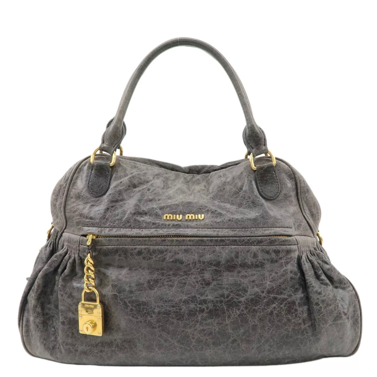 MIU MIU Leather Shoulder Bag Gray Gold Hardware