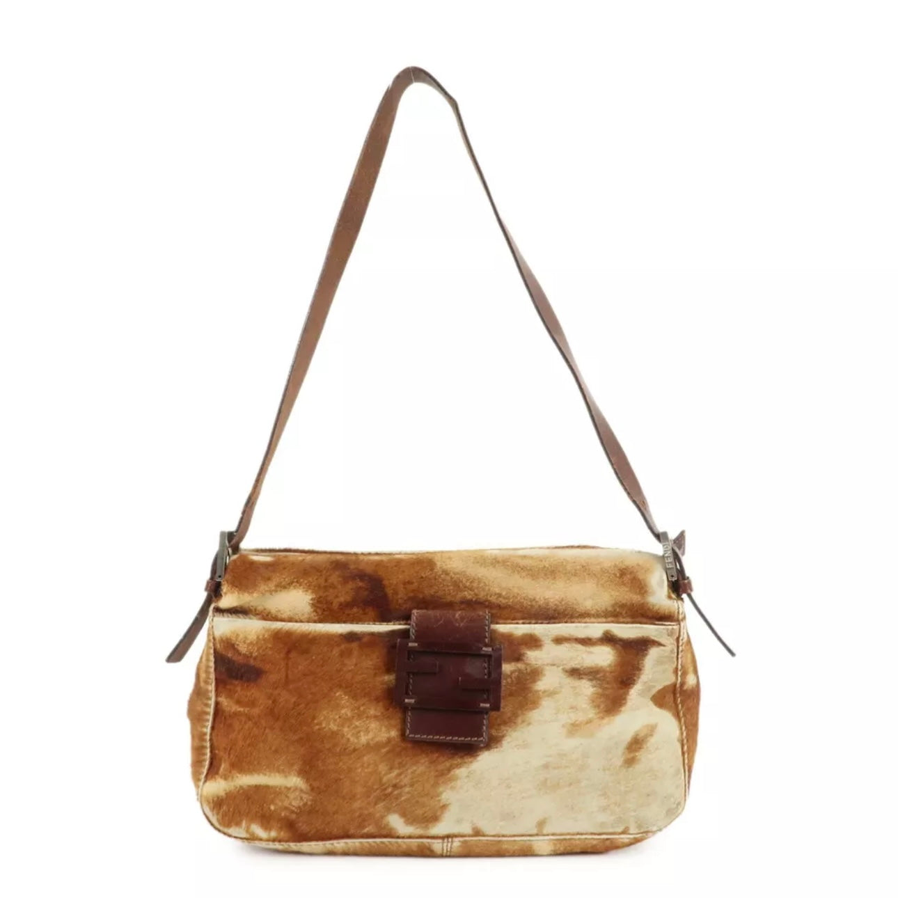 FENDI Calf Leather Shoulder Bag Brown Beige